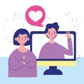 Couple computer talking romantic message cartoon