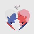 Couple conflict concept. Angry young couple shouting face to face. Pensive upset woman and man feeling offended, thinking over