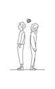 Couple confused thinking about their relationship problem doodle drawing vector illustration. boy and girl stand back to back with