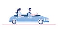 Couple convertible car driving,side view.Male and female characters in cabriolet