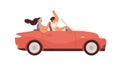 Couple in convertible car on summer road trip. Happy man and woman ride cabriolet. People driving cabrio. Male and Royalty Free Stock Photo