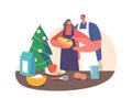 Couple Cooking for Christmas, Male and Female Characters Hugging and Prepare Bakery on Kitchen with Decorated Fir Tree