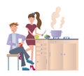 Couple cooking dinner at home in the kitchen. Young man and woman at the kitchen table. Vector illustration, isolated on Royalty Free Stock Photo