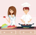 Couple cooking dinner