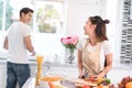 Couple cooking food in kitchen room, Young Asian man and woman together Royalty Free Stock Photo