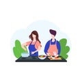 Couple Cooking Helping Each Other illustration concept, Husband and wife helping each other cooking in kitchen at home, husband he