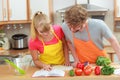 Couple cooking in kitchen reading cookbook Royalty Free Stock Photo