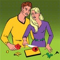 Couple Cooking Together Pop Art Comics Retro Style With Halftone