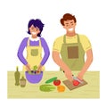 The couple cooks together. Cooking at home. Vector illustration