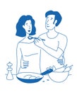 Couple cooks together in the kitchen. Vector illustration