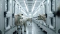 Two Cows Walking in Long Hallway Royalty Free Stock Photo