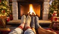 Couple put feet up next to a cozy warm open fire