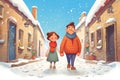 couple in cozy sweaters walking a cobblestone alley with snow