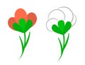 A couple of creative flowers. Red fictional bloom flower with white cotton. Clip-art isolate on white background