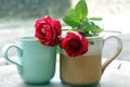 Couple cup of tea with roses. Still life Valentines Day concept. Love relationship and togetherness conceptual Royalty Free Stock Photo