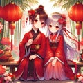 A couple of cute anime girl and boy, wearing red hanfu, posing in gracefully, in a lucky bamboo flower garden, chinesd red lantern Royalty Free Stock Photo