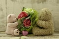 Couple of cute bears holding roses bouquet Royalty Free Stock Photo