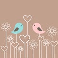 Couple of cute birds with flowers and hearts