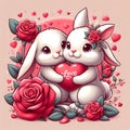 A couple of cute bunny rabbit in love, hugging a heart together, in a romantic scene with red rose flower and love sign, cartoon