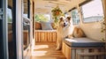 Couple with cute dog traveling together on vintage mini van transport.