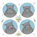 Couple of cute hippos, which are in love, hippo male makes a virtual kiss. There are flowers and bows around logos Royalty Free Stock Photo