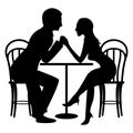 A couple of cute lovers at a table in a cafe. Flat vector silhouette illustration Royalty Free Stock Photo