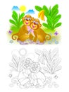 Couple of cute monkeys in the jungle. Colorful and black and white page for coloring book for kids.