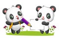 The couple of cute panda are holding a blank paper and a big pencil in the park Royalty Free Stock Photo