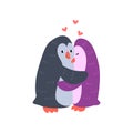 Couple of cute penguins in love embracing each other, two happy aniimals hugging with hearts over their head vecto Royalty Free Stock Photo