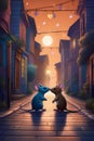 A couple cute rats of love-struck, at a moonlit street, lovely pose, cartoon, digital anime art, rich deep colors, animal art