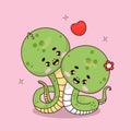 Couple cute snake in love. Romantic reptile girl and boy with heart kawaii characters. Vector illustration. Royalty Free Stock Photo