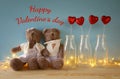 Couple of cute teddy bears sitting on wooden table Royalty Free Stock Photo