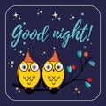 Couple of cute vector owls with hats on the tree branch. Children s illustration quote good night for the cards. design