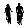 Couple cyclists silhouette isolated on white background. Two cyclist riding bicycle front view.