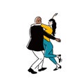 Couple dancers in close embrace position. Black classic suit on african american man. Romantic date scene, tango or