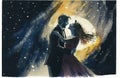 A couple dancing beneath a starry night sky their faces glowing with love. Lifestyle concept. AI generation