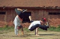 Couple dancing breakdance on the street Royalty Free Stock Photo