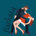 Couple dancing Kizomba in bright costumes. Vector illustration of partners dance bachata, happy peoples man and woman Royalty Free Stock Photo