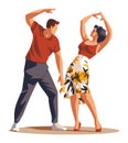 Couple dancing salsa with joyful expression. Man in red shirt, woman in floral dress enjoy dance. Latin American dance Royalty Free Stock Photo