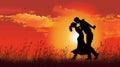 A couple dancing at sunset, with the silhouettes of male and female lovers outdoors, evoking romantic emotions, Ai Generated Royalty Free Stock Photo