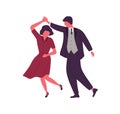 Couple dancing together holding hands vector flat illustration. Man and woman dancers performing dance elements at