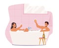 Couple Date in Bathtub, Relaxation, Body Care, Honeymoon Concept. Young Man and Woman Sitting in Bath Tub with Foam