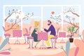 Couple date at cafe table, vector illustration. People man woman character have romantic date in restaurant near large