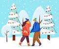 Couple on Date in Winter Forest, Decorated Trees Royalty Free Stock Photo