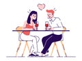 Couple dating in cafe flat vector illustrations. Romantic boy and girl sitting at restaurant table. Young people drink