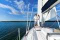 Couple Dating On Yacht, Hugging Standing On Deck Outside