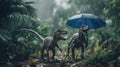 A couple of dinosaurs holding an umbrella in the rain. Generative AI image.