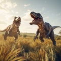 A couple of dinosaurs that are standing in the grass. Generative AI image.