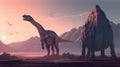 A couple of dinosaurs standing next to each other. Generative AI image.