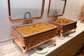 A couple of dishes of dry fried chilli fishes and curry chicken meat on heating trays Royalty Free Stock Photo